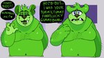 anthro belly candy dessert eyes_closed food green_body gummy_(food) gummy_bear_(food) male moobs overweight overweight_anthro overweight_male sad simple_background solo text lewdookami meanookami gummybear_and_friends gummibar bear food_creature mammal 2021 english_text