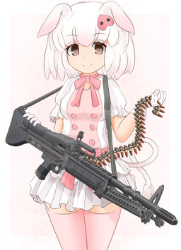 absolute_territory accessory alternative_fashion ammo_belt ammunition bottomwear bow_tie breasts brown_eyes clothed clothed_female clothed_humanoid clothing female gloves gun hair hair_accessory hairclip handwear j-fashion legwear lolita_(fashion) looking_at_viewer m60 machine_gun pink_bow_tie pink_clothing pink_legwear pink_thigh_highs ranged_weapon short_sleeves simple_background skirt smile solo sweet_lolita tail thigh_highs weapon white_background white_bottomwear white_clothing white_gloves white_hair white_handwear white_skirt mikelan125r kemono_friends domestic_pig_(kemono_friends) animal_humanoid humanoid mammal mammal_humanoid pig_humanoid suid suid_humanoid suine suine_humanoid 2018 hi_res