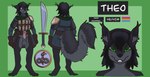 animal_genitalia anthro armor balls black_hair bottomless buckteeth chainmail clothed clothing digitigrade falchion fan_character full-length_portrait fur genitals gloves green_background green_eyes grey_body grey_fur grey_squirrel hair handwear hi_res lgbt_pride male mammal model_sheet pansexual_pride_colors portrait pppanth pride_colors redwall rodent scarf sciurid sheath simple_background solo teeth theo_of_redwall tree_squirrel