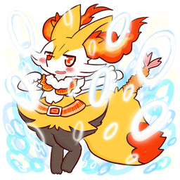 ambiguous_anthro ambiguous_gender anthro biped blush clothed clothed_ambiguous clothed_anthro clothing cute_fangs digitigrade fangs food front_view looking_at_viewer object_in_tail on_one_leg open_:3 open_mouth open_smile shrimp_(food) simple_background smile solo standing tail teeth annyui0611 nintendo pokemon braixen canid generation_6_pokemon mammal pokemon_(species) 1:1 2022 digital_drawing_(artwork) digital_media_(artwork) full-length_portrait hi_res japanese_description portrait translated_description