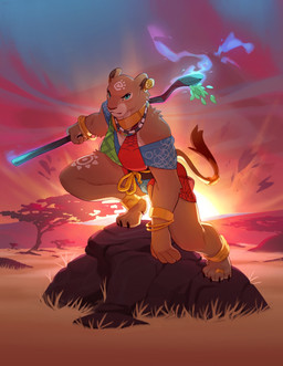 action_pose anthro blue_eyes crouching digitigrade female glowing gold_(metal) gold_jewelry grass jewelry magic_user magic_wand markings plant pose red_sky savanna shaman sky solo sunset tail tail_tuft tribal tribal_clothing tribal_markings tribal_spellcaster tuft kyuuoku disney the_lion_king nala_(the_lion_king) felid lion mammal pantherine colored digital_media_(artwork) hi_res