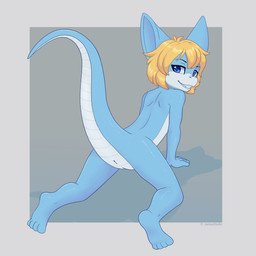 all_fours animal_genitalia anthro biped blonde_hair blue_body blue_eyes blue_scales butt cloaca countershade_face countershade_scales countershade_torso countershading eyebrows genitals hair looking_at_viewer looking_back looking_back_at_viewer male multicolored_body multicolored_scales nude presenting presenting_hindquarters raised_tail scales short_hair simple_background solo tail two_tone_body two_tone_scales white_body white_countershading white_scales young young_anthro young_male jamesfoxbr mythology dragon hybrid lizard mythological_creature mythological_scalie reptile scalie 1:1 2026 absurd_res hi_res