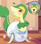 blush clothing crossed_arms diaper excited eyes_closed feral inside looking_down male open_mouth poof smile solo standing thought_bubble tongue bunnykisses nintendo pokemon eevee generation_1_pokemon generation_5_pokemon pokemon_(species) reptile scalie snivy absurd_res hi_res