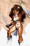 anthro brown_hair clothed clothing female green_eyes hair looking_at_viewer melee_weapon shield skimpy solo sword warrior weapon avoid_posting steve_gallacci albedo_anthropomorphics erma_felna:_edf erma_felna domestic_cat felid feline felis mammal traditional_media_(artwork)