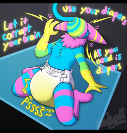 3_fingers ambiguous_gender anthro blue_body blue_fur bodily_fluids brainwashing clothed clothing corruption diaper diaper_only dutch_angle featureless_feet feet fingers fur genital_fluids gloves_(marking) green_body green_fur grey_background heart_symbol hypnosis kneeling leg_markings markings mind_control multicolored_body multicolored_fur multicolored_text pink_body pink_fur ringed_ears simple_background socks_(marking) solo sound_effects spiral text topless unclean_diaper urine used_diaper using_diaper vowelless vowelless_sound_effect wearing_diaper wet_diaper wetting wetting_diaper white_diaper yellow_body yellow_fur shadyadi deltarune undertale_(series) werewire 2026 artist_name english_text hi_res letterbox signature