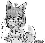 ahoge anthro blush blush_lines chest_tuft claws clothing eyelashes fangs female fluffy fluffy_tail frown frown_eyebrows frowning_at_viewer hair kemono overalls overalls_only pawpads ratfrik_(pixiv) roaring short_hair simple_background smile solo speech_bubble tail teeth text tuft white_background ratfrik mythology canid canine mammal mythological_canine mythological_creature werecanid werecanine werecreature werewolf 2024 digital_media_(artwork) greyscale half-length_portrait hatching_(art) monochrome portrait shaded