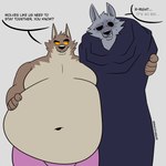 anthro belly big_belly black_eyes black_nose bodily_fluids cloak clothing duo eyebrows facial_markings fur grey_body grey_fur head_markings head_tuft huge_belly hyper hyper_belly inner_ear_fluff male markings mask_(marking) morbidly_obese morbidly_obese_anthro morbidly_obese_male navel obese obese_anthro obese_male overweight overweight_anthro overweight_male red_eyes sharp_teeth smile sweat sweatdrop talking_to_another teeth text thick_eyebrows tuft yellow_sclera mindof dreamworks puss_in_boots_(franchise) the_bad_guys death_(puss_in_boots) mr._wolf_(the_bad_guys) canid canine canis mammal wolf 1:1 2023 crossover digital_media_(artwork) english_text hi_res