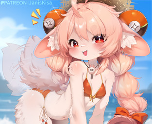 accessory anthro bent_over bikini blush braided_hair clothing cloud ear_piercing ear_ring ears_down female hair hair_accessory hat headgear headwear open_mouth open_smile piercing pink_body pink_hair pivoted_ears red_eyes ring_piercing sea sky smile solo straw_hat swimwear tail tail_motion tailwag two-piece_swimsuit water young janiskisa mihoyo zenless_zone_zero zhao_(zenless_zone_zero) lagomorph leporid mammal rabbit thiren absurd_res hi_res