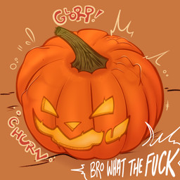 ambiguous_gender bodily_noises brown_outline dialogue digestion digestion_noises food fruit holidays jack-o'-lantern onomatopoeia open_mouth orange_outline outline paw_imprint plant plant_pred plant_vore pumpkin rumbling_stomach simple_background solo sound_effects struggling struggling_prey text unusual_vore vore makar-ro halloween 1:1 digital_media_(artwork) hi_res orange_theme
