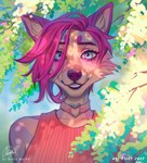 anthro blue_eyes cheek_tuft choker clothed clothing eyelashes facial_tuft female front_view fur glistening glistening_eyes hair jewelry looking_at_viewer necklace outside pink_hair smile solo tan_body tan_fur topwear tuft marie_merkh canid mammal bust_portrait hi_res portrait