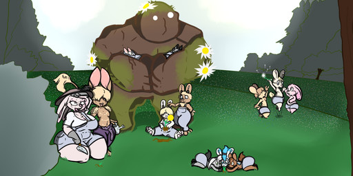 anthro antlers clothed clothed_anthro clothed_female clothed_male clothing family fantasy female gardening group horn male overalls wide_hips young succubusbnny jewish_mythology mythology jackalope kan'vi lagomorph leporid mammal mythological_creature mythological_golem rabbit father_(lore) mother_(lore) parent_(lore)