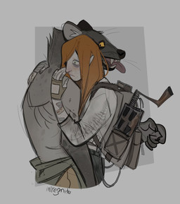 anthro backpack duo female hug male male/female shirtless_male surprised_expression teeth tongue tongue_out worried_face infezmite human hyena mammal spotted_hyena hi_res