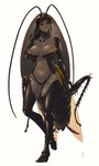 antennae_(anatomy) breasts brown_hair clothed clothing compound_eyes dark_body dark_skin female hair insect_wings skimpy smile solo wings hyackban animal_humanoid arthropod arthropod_humanoid blattodea cockroach cockroach_humanoid humanoid insect insect_humanoid hi_res