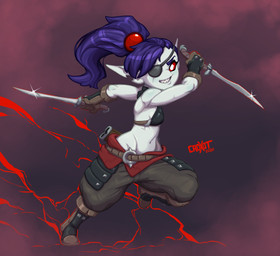 action_pose boots bottomwear clothing dagger eye_patch eyewear female footwear gloves grin hair handwear humanoid_pointy_ears melee_weapon midriff navel not_furry notched_ear pants pointy_ears ponytail pose purple_hair red_eyes sharp_teeth shoes shortstack smile solo teeth weapon white_body white_skin croxot krix_(croxot) goblin humanoid hi_res