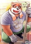 anthro boots brown_body brown_fur bulge clothing crouching eyebrows farmer footwear fur gloves handwear jewelry looking_at_viewer male necklace one_eye_closed rake shirt shoes solo t-shirt thick_eyebrows tools topwear towel wink kemokemumaki lifewonders tokyo_afterschool_summoners volos_(tas) bear mammal