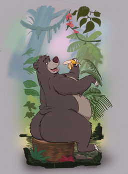 anthro banana belly big_belly big_butt butt food forest fruit fur grey_body grey_fur half-closed_eyes holding_food holding_object jungle looking_at_viewer looking_back looking_back_at_viewer male multicolored_body multicolored_fur narrowed_eyes nude open_mouth open_smile overweight plant sitting sitting_on_stump smile solo tail tail_tuft tree tree_stump tuft two_tone_body two_tone_fur bearafterall disney the_jungle_book baloo bear mammal sloth_bear ursine 2026 absurd_res better_version_at_paywall hi_res