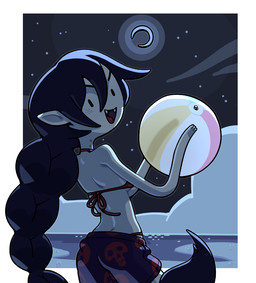anthro ball beach_ball bikini bikini_thong bikini_top braided_hair braided_ponytail butt clothing crescent_moon fangs female hair humanoid_pointy_ears inflatable moon night not_furry pointy_ears ponytail seaside solo swimming_trunks swimwear teeth two-piece_swimsuit discount-supervillain adventure_time cartoon_network marceline_abadeer demon humanoid hybrid vampire 2025