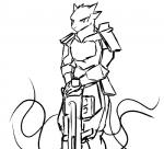 4_ears armor clothed clothing digitigrade female frown fully_clothed fur gun looking_away multi_ear multi_tail ranged_weapon rifle simple_background solo standing tail weapon white_background test_pattern_(artist) alien tozol 2012 black_and_white digital_media_(artwork) line_art monochrome portrait three-quarter_portrait