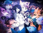 anthro black_hair curious fluffy fluffy_chest fur grey_body grey_fur group hair hair_over_eye humor kemono male melting navel shy smile style_emulation sumiaou ambiguous_species canid canine felid feline mammal hi_res