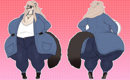 anthro big_breasts big_butt big_tail biped blonde_hair blue_eyes bottomwear breasts brown_body brown_fur butt cardigan clothed clothing countershade_fur countershade_torso countershading curvy_figure denim denim_bottomwear denim_clothing ear_piercing female fluffy fluffy_tail front_view fur geometric_background gradient_background grid_background hair hands_on_hips huge_breasts huge_butt huge_hips huge_thighs hyper hyper_butt hyper_hips hyper_thighs jeans jewelry long_hair looking_at_viewer mature_anthro mature_female necklace pants pattern_background piercing pink_background rear_view shirt simple_background smile solo tail tan_body tan_fur thick_thighs topwear vein veiny_breasts voluptuous wide_hips vintagart stella_(noeticred) badger japanese_badger mammal meles mustelid musteline 2025 hi_res model_sheet