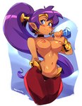 5_fingers areola blue_eyes blush bottomwear breasts brown_body brown_skin clothed clothing ear_piercing ear_ring female fingers hair holding_object humanoid_pointy_ears long_hair navel nipples not_furry oil pants piercing pointy_ears ponytail purple_hair ring_piercing smile solo topless squeezable shantae_(series) wayforward shantae genie humanoid 2022 signature