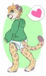 anthro clean_diaper clothed clothing diaper green_eyes heart_symbol hoodie looking_at_viewer male paws smile solo topwear wearing_diaper rileykit felid jaguar mammal pantherine hi_res