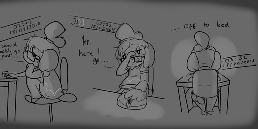 4_fingers anthro bangs bent_leg bottomwear chair clothed clothed_anthro clothed_female clothing computer computer_mouse date desk dialogue electronics eyewear featureless_feet feet female female_anthro fingers floppy_ears fluffy_ears fully_clothed fully_clothed_anthro fully_clothed_female furniture glasses grey_background grey_bottomwear grey_clothing grey_hair grey_hair_tie grey_pants grey_shirt grey_tail grey_topwear hair laptop lop_ears office_chair on_chair pants ponytail rear_view rectangular_glasses rubbing_head shirt side_view simple_background sitting sitting_on_chair solo symbol table tail text tired_eyes topwear wi-fi cookieboy011 animal_crossing nintendo isabelle_(animal_crossing) canid canine canis domestic_dog mammal shih_tzu toy_dog 2018 digital_drawing_(artwork) digital_media_(artwork) english_description english_text greyscale hi_res monochrome multiple_scenes shaded