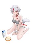 2020 5_fingers 5_toes absurd_res animal_humanoid barefoot blush bodily_fluids bottomwear bowl breasts canid canid_humanoid canine canine_humanoid cleavage clothed clothing container feet female fingers fluffy fluffy_tail fur hair hi_res higurashi_towa humanoid inuyasha kneeling leash looking_at_viewer mammal mammal_humanoid milk nipple_outline ohisashiburi open_mouth pet_bowl pink_eyes questionable_liquid red_eyes red_hair short_hair shorts solo sweat tail toes white_body white_fur white_hair
