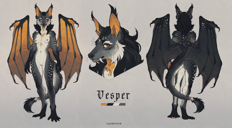 anthro balck_hair biped black_body black_fur breasts butt claws ear_tuft facial_tuft fangs female female_anthro fluffy fluffy_tail fur grey_body grey_fur hair long_fangs long_tail looking_at_viewer mane membrane_(anatomy) membranous_wings messy_hair nipples nude simple_background slim solo spots standing tail tail_tuft teeth text tuft white_body white_fur wings yellow_body yellow_eyes yellow_fur tashiroth bat hybrid mammal 2025 artist_name colored digital_drawing_(artwork) digital_media_(artwork) english_text full-length_portrait hi_res model_sheet portrait signature three-quarter_portrait