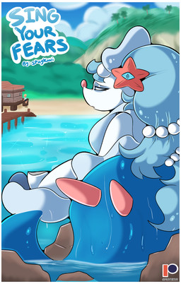 accessory ambiguous_gender beach beach_house blonde_hair blue_body blue_hair border building cloud feral gem glistening glistening_body grass hair hair_accessory house mountain palm_tree pearl_(gem) plant rock sad sand sea sitting sky tree water wet white_border spicykiwi nintendo pokemon generation_7_pokemon human mammal pokemon_(species) primarina absurd_res cover cover_art cover_page hi_res