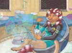 anthro breasts chair clothing dress earpiece female furniture green_eyes hair looking_at_viewer pink_nose red_hair sitting solo tail tail_tuft tuft indigoangelcat chakona_space star_trek m'lai_saraath caitian felid mammal