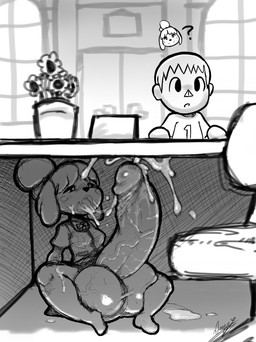 anthro autofellatio balls big_balls big_penis bodily_fluids breasts cum cum_in_mouth cum_in_own_mouth cum_in_self cum_inside cum_on_face cum_on_ground cum_on_leg cum_on_own_face cum_on_penis cum_on_self duo genital_fluids genitals gynomorph huge_balls huge_penis humanoid_genitalia humanoid_penis hyper hyper_balls hyper_genitalia hyper_penis intersex looking_pleasured male masturbation oral oral_masturbation penile penile_masturbation penis public_masturbation sex sitting stealth_masturbation under_table unprofessional_behavior vein veiny_balls veiny_penis starykrow animal_crossing nintendo isabelle_(animal_crossing) villager_(animal_crossing) canid canine canis domestic_dog human mammal shih_tzu toy_dog absurd_res hi_res monochrome