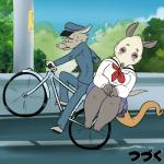 anthro bicycle blush bodily_fluids bottomwear breasts clothing cycling duo female happy male parody plant scar school_uniform skirt struggling sweat text tree uniform vehicle wheelie unknown_artist ghibli poppy_opossum friedrich_(poppy_opossum) poppy_opossum_(character) american_opossum mammal marsupial monodelphis virginia_opossum 1:1 japanese_text