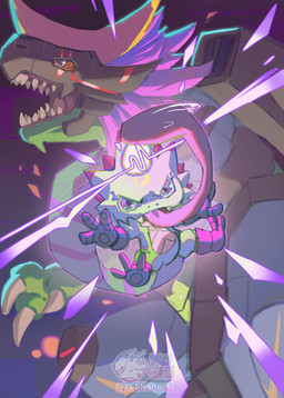 anthro armor cybernetics evolutionary_family glowing green_body hair headgear helmet long_tongue machine male pink_hair solo tongue 765nanami bandai_namco digimon digimon_beatbreak cyborg digimon_(species) gekkomon monarchlizamon scalie absurd_res hi_res