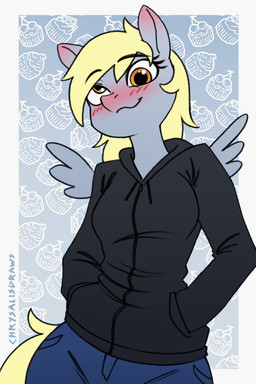 :3 animal_ears anthro anthrofied areola big_breasts biped black_clothing black_hoodie black_topwear blonde_hair blue_clothing blush bottomwear bouncing_breasts breasts clothed clothing derp_eyes eyelashes female grey_body hair hammerspace hidden_buxom hoodie huge_breasts nipple_tape pants pasties pupils simple_background smile solo standing tape thick_thighs topwear unzipping wings chrysalisdraws friendship_is_magic hasbro my_little_pony mythology derpy_hooves_(mlp) equid equine mammal mythological_creature mythological_equine pegasus 2025 2d_animation animated frame_by_frame