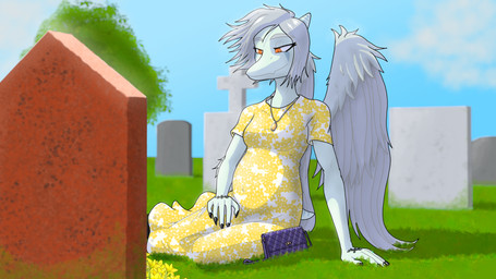 anthro biped blue_body bone_frill breasts cemetery clothed clothed_anthro clothed_female clothing cloud day dress elbow_feathers feathered_wings feathers female fingers frill_(anatomy) grass grey_body grey_feathers grey_hair hair half-closed_eyes happy humanoid_hands markings medium_breasts medium_hair narrowed_eyes non-mammal_breasts orange_eyes outside plant pregnant pregnant_anthro pregnant_female purse short_tail sitting sky smile solo striped_markings stripes tail tombstone tree wings yellow_clothing yellow_dress areloch cavemanon_studios goodbye_volcano_high ko_op_(game_developer) snoot_game fang_(gvh) prehistoric_species pterosaur reptile scalie 16:9 2025 colored hi_res widescreen