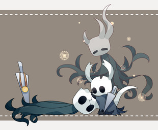 2_horns ambiguous_gender black_eyes cloak clothed clothing duo empty_eyes floating horn kneeling lying medal melee_weapon nail_(weapon) on_front on_ground weapon weapon_on_back kiri_0861 hollow_knight_(franchise) team_cherry broken_vessel_(hollow_knight) the_knight_(hollow_knight) ghost spirit vessel_(species) absurd_res hi_res signature sibling_(lore)