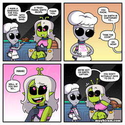 antennae_(anatomy) bald biped breasts clothed clothing dialogue female green_body grey_body hair larger_female long_hair not_furry size_difference smaller_female speech_bubble text muyharim peenko_(muyharim) vyx_(muyharim) alien humanoid 1:1 comic english_text hi_res url
