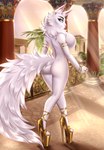 anthro clothing ear_piercing ear_ring egyptian female footwear fur high_heels jewelry light piercing ring_piercing shoes solo sunlight white_body white_fur naryumi_(artist) dolce_vita domestic_cat felid feline felis mammal hi_res