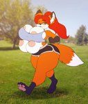 2020 4_breasts absurd_res aeril_(helios) anthro areola big_breasts biped bodily_fluids bottomwear breasts canid canine clothing female fox fur hair hi_res huge_breasts looking_at_viewer mammal multi_breast nipple_outline nipples open_mouth open_smile outside ponytail red_fox red_hair shorts smile smiling_at_viewer solo stunnerpony sweat true_fox