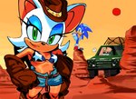 bikini bikini_cowgirl bikini_top bottomwear car clothing cowboy_hat cowgirl_outfit desert female gloves handwear hat headgear headwear male shorts swimwear two-piece_swimsuit vehicle tokiwa757 sega sonic_the_hedgehog_(series) miles_prower rouge_the_bat sonic_the_hedgehog bat canid canine eulipotyphlan fox hedgehog mammal hi_res