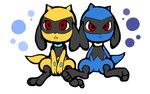 ambiguous_gender black_body black_fur blue_body blue_fur duo fur red_eyes semi-anthro simple_background sitting white_background krkr nintendo pokemon generation_4_pokemon pokemon_(species) riolu shiny_pokemon 16:10 2009 low_res widescreen