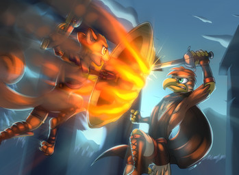 3_toes 5_fingers anthro armwear attack black_claws blue_eyes bottomwear brown_body brown_bottomwear brown_clothing brown_feathers brown_topwear buckteeth cape chest_tuft claws clothing duo elbow_gloves feathers feet finger_claws fingerless_gloves fingers fire fist fluffy fluffy_tail fur gloves gun handwear holding_gun holding_melee_weapon holding_object holding_ranged_weapon holding_shield holding_sword holding_weapon legs_up male melee_weapon pink_armwear pink_bottomwear pink_clothing pink_topwear pupils ranged_weapon red_clothing red_gloves red_handwear shield smile smirk straps sword tail talons tan_body tan_feathers tan_fur teeth toe_claws toes topwear tuft weapon yellow_eyes bassybefuddle conditional_dnp kale_hearthward accipitrid accipitriform avian bird eagle mammal rodent sciurid tree_squirrel 2021 hi_res
