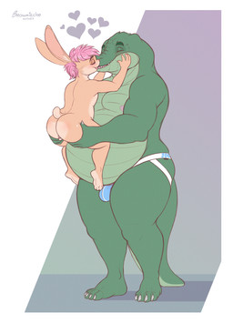 3_toes 4_toes abstract_background anthro backsack balls blush body_blush bulge butt butt_blush butt_grab chastity_cage chastity_cage_only chastity_device chastity_device_only claws clothed clothing countershade_butt countershade_face countershade_feet countershade_tail countershading duo eyebrows eyes_closed feet french_kissing fur genitals green_body green_scales hair hand_on_butt heart_symbol holding_partner jockstrap jockstrap_only kissing larger_male male male/male nipples nude obese obese_male orange_body orange_fur overweight overweight_male perineum pink_chastity_cage pink_hair scales simple_background size_difference small_balls smaller_male tail thick_eyebrows toe_claws toes topless underwear underwear_only wearing_chastity_cage wearing_chastity_device brownieclop mike_(brownieclop) tinval alligator alligatorid crocodile crocodilian lagomorph leporid mammal rabbit reptile scalie 2023 dated hi_res signature