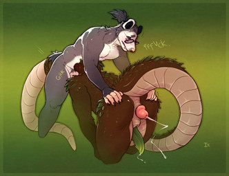 all_the_way_through animal_genitalia anthro belly_nipples big_penis black_claws blush bodily_fluids border brown_body brown_scales claws cuff_(restraint) cum cumshot dialogue dripping duo ejaculation eyewear fellatio fluffy_neck_fur fur genital_fluids genital_slit genitals glasses gradient_background gradient_penis green_background green_border green_markings green_penis grey_body grey_fur grey_hair hair huge_penis hyper hyper_genitalia hyper_long_penis hyper_penis long_tail male male/male markings nipples onomatopoeia oral penetration penile penis penis_between_thighs pink_fingers pink_nipples pink_nose pink_penis_tip ponytail precum precum_drip profanity restraints reverse_anal scaled_body scales sex simple_background sketchy snaggle_tooth sound_effects tail tail_cuff tan_body tan_scales text wearing_glasses white_body white_fur white_markings interkos kinktober american_opossum mammal marsupial reptile scalie snake viper 2023 english_text hi_res