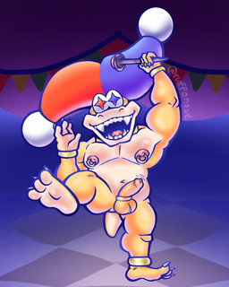 accessory anklet anthro balls belly blush bracelet claws clothing cock_ring feet fool's_hat foreskin genital_raphe genitals hat headgear headwear humanoid_genitalia humanoid_penis jewelry looking_at_viewer male multicolored_body nipple_outline nipple_piercing nipples nude open_mouth open_smile penis penis_accessory penis_jewelry piercing raphe_(anatomy) ring ring_(jewelry) ring_piercing rings_on_legs rings_on_wrists scrotal_raphe short_male shortstack simple_background smile solo spread_legs spreading tail thick_thighs toe_claws tongue wand ruffonaut mario_bros nintendo super_mario_3d_world motley_bossblob koopa reptile scalie turtle 4:5 digital_media_(artwork) hi_res