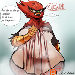 after_shower anthro areola areola_slip black_areola black_body black_feathers blush blush_lines breasts dialogue feathers feet female female_anthro grey_body grey_feathers navel overweight overweight_anthro overweight_female red_body red_feathers sigh simple_background solo steam talon_hands talons text thick_thighs toes towel towel_wrap yellow_talons isolatedartest nintendo pokemon maya_(isolatedartest) avian generation_6_pokemon pokemon_(species) talonflame colored english_text
