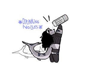 anthro beverage_can blush chibi clothing drinking female hair happy smile solo standing xerg-7 kara_(xerg-7) aquatic fish shark