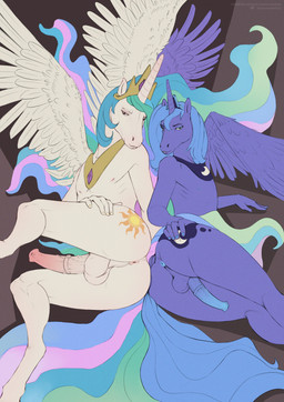 animal_genitalia animal_penis anthro anthrofied anus balls blue_anus blue_eyes blue_hair blue_penis crossgender crown duo equine_genitalia equine_penis erection feathered_wings feathers femboy ftm_crossgender genitals gradient_penis green_hair hair headgear horn lying male male_anthro medial_ring mouth_closed multicolored_hair nude on_side penis pink_anus pink_hair pink_penis purple_balls purple_body purple_eyes purple_horn purple_wings simple_background vein veiny_penis white_balls white_body white_horn white_penis white_wings wings satanic_monkey friendship_is_magic hasbro my_little_pony mythology princess_celestia_(mlp) princess_luna_(mlp) equid equine mammal mythological_creature mythological_equine winged_unicorn absurd_res flat_colors hi_res sibling_(lore) sister_(lore) sisters_(lore)