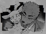 anthro antlers clothing duo eyebrow_slit eyebrows facial_markings fur hair head_markings horn knife male male/male markings neck_grab shirt shirtless shirtless_male spiky_hair topwear worried goonie-san beastars goon_(goonie_san) melon_(beastars) canid canine canis deer domestic_dog mammal monochrome